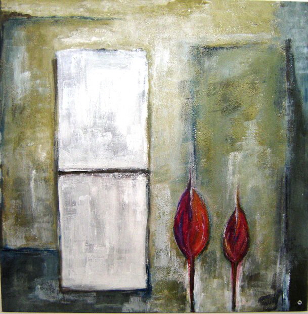 Nr. 193 (90 x 90 cm) Blick durch's Fenster auf zwei Tulpen